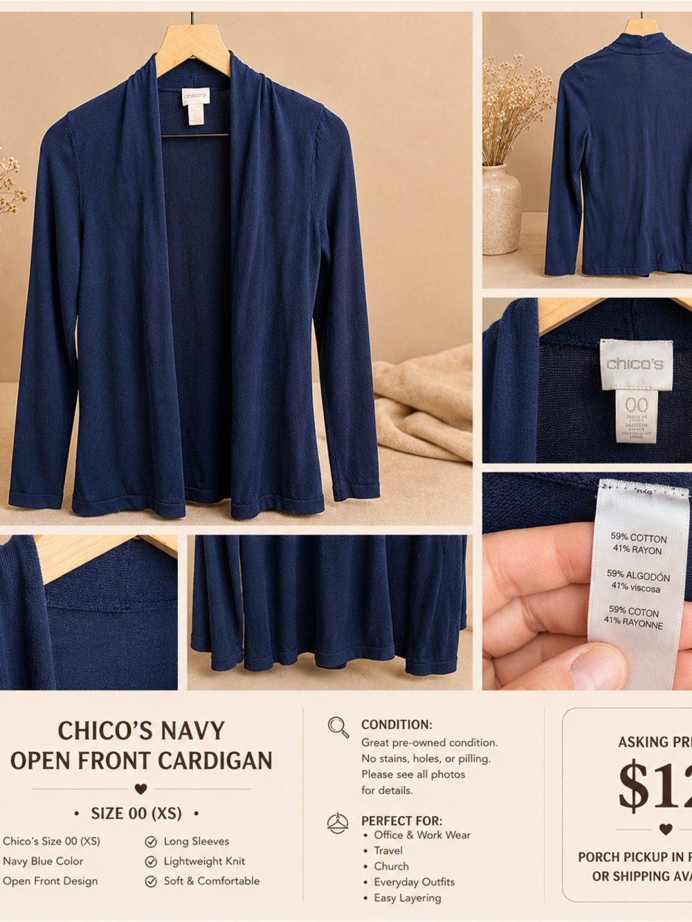 Chico's Navy Open Front Lightweight Cardigan